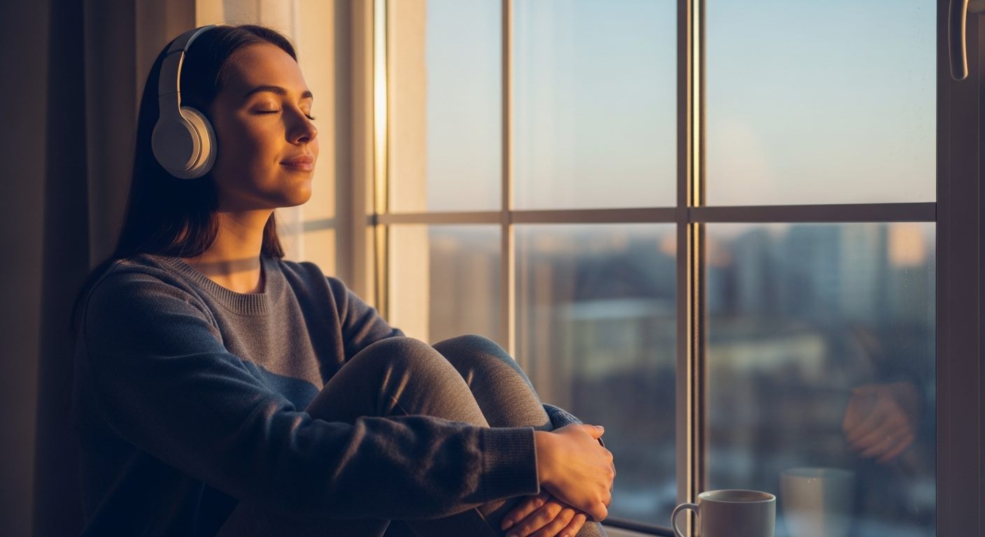 A woman relaxing with headphones beside a sunlit window in the early morning