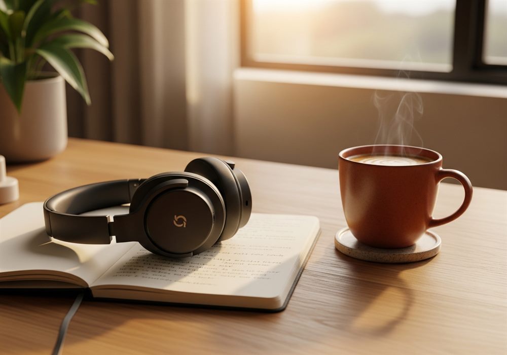 Headphones resting on a notebook beside a warm cup of coffee in morning light